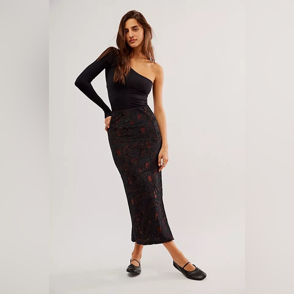 Free People Rosalie Velvet Midi Skirt in Black